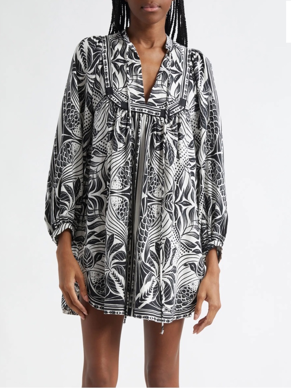 FARM Rio Monochrome Scarf Print Long Sleeve Linen Blend Minidress Size Small